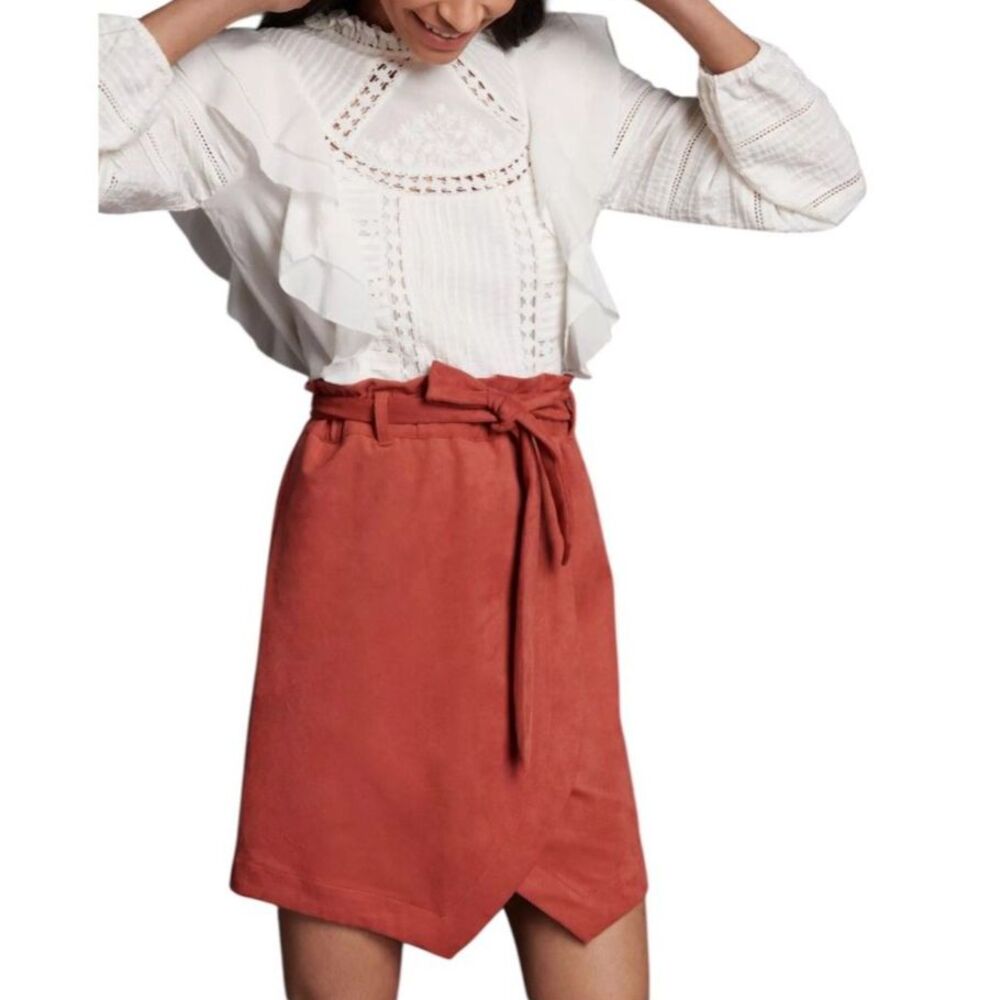 Anthropologie NWOT Russet Orange Faux Suede Asymmetrical Belted Mini Skirt Sz XL